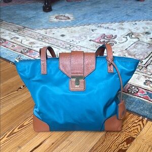 Tory Burch Blue and Brown Tote with Leather Trim